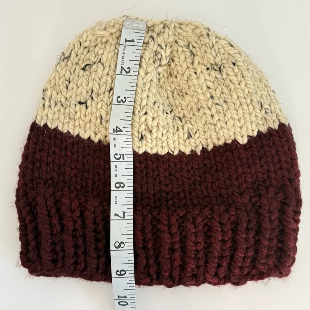 Handmade Two-Tone Knit Beanie – Burgundy & Cream
